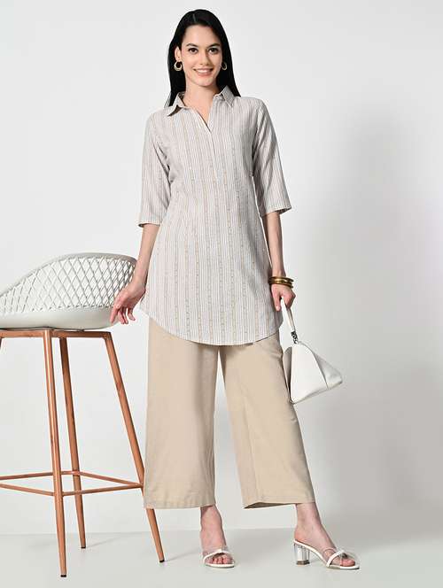 women stripes three quarter sleeve a-line kurti - 21693986 - Standard Image - 0