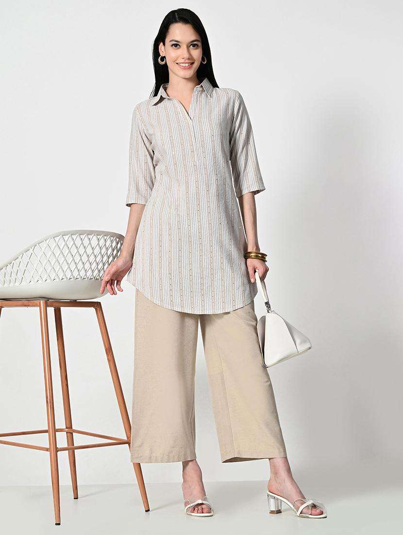 women stripes three quarter sleeve a-line kurti