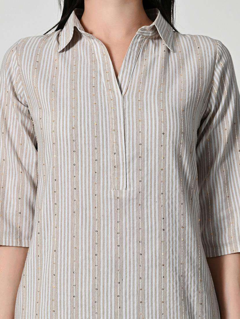 women stripes three quarter sleeve a-line kurti - 21693986 -  Standard Image - 1