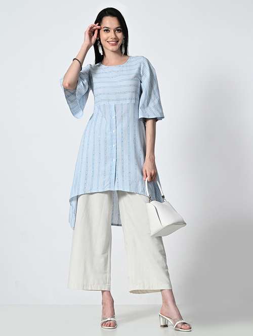 women light blue stripes bell high-low kurti - 21693991 -  Standard Image - 0