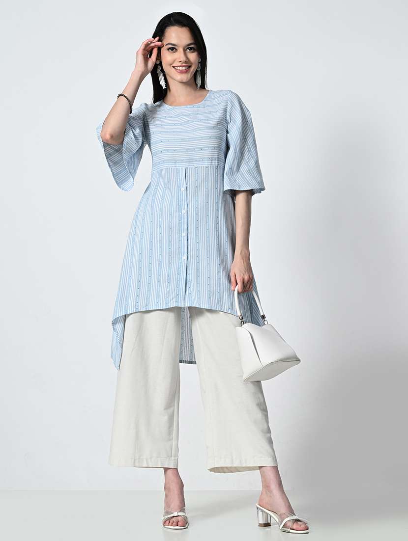 women light blue stripes bell high-low kurti