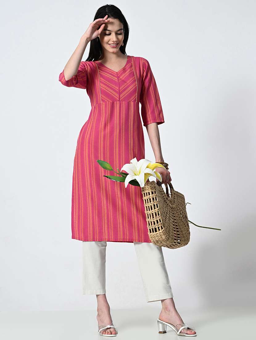 women stripes printed v neck a-line kurta