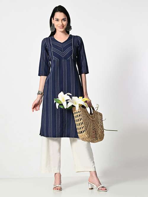 women stripes printed v neck a-line kurta - 21693997 - Standard Image - 0