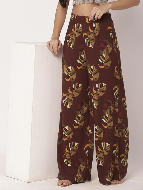 women brown printed full length palazzo - 21694011 -  Standard Image - 0
