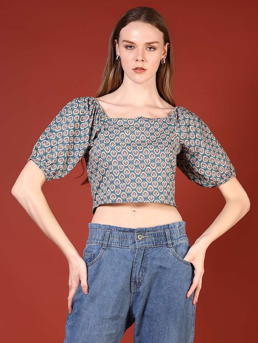 women printed puff sleeves crop top - 21694242 -  Standard Image - 1