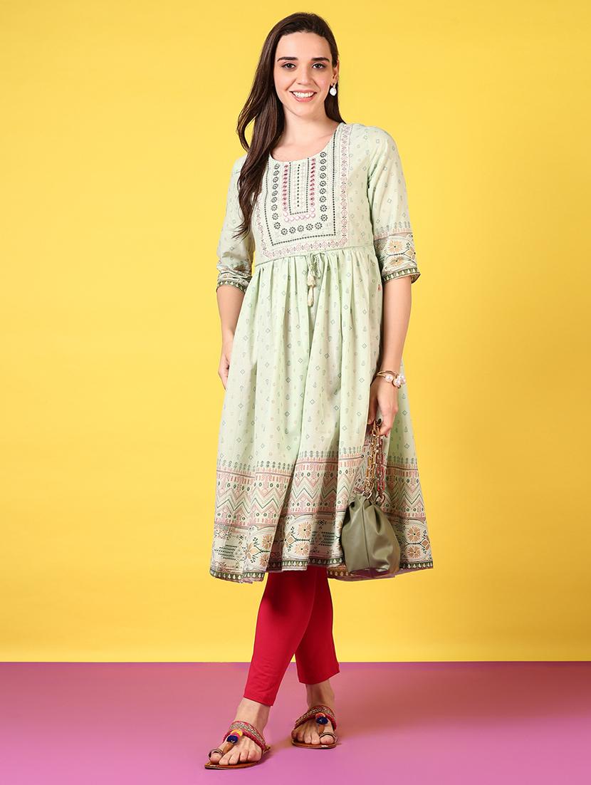 women round neck embroidered flared kurta - 21694246 - Zoom Image - 0