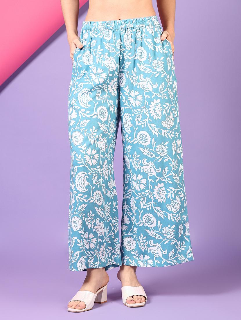 women blue floral printed mid rise palazzo - 21694290 - Zoom Image - 0