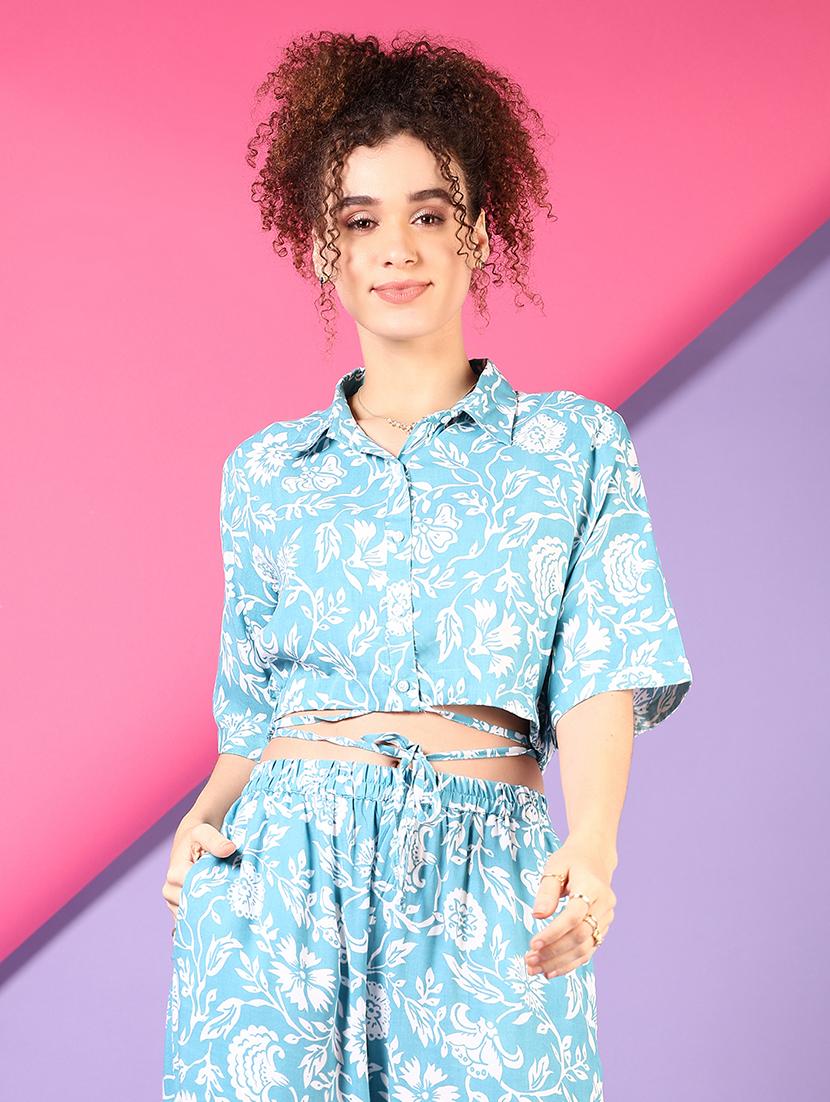 women blue floral printed short sleeve crop top - 21694298 - Zoom Image - 0