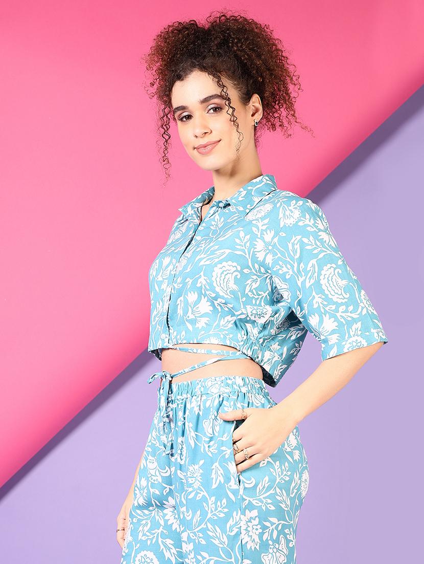women blue floral printed short sleeve crop top - 21694298 - Standard Image - 1