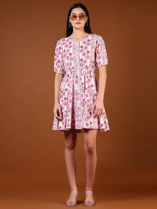 women pink floral printed puff sleeve tiered dress - 21694300 - Standard Image - 0