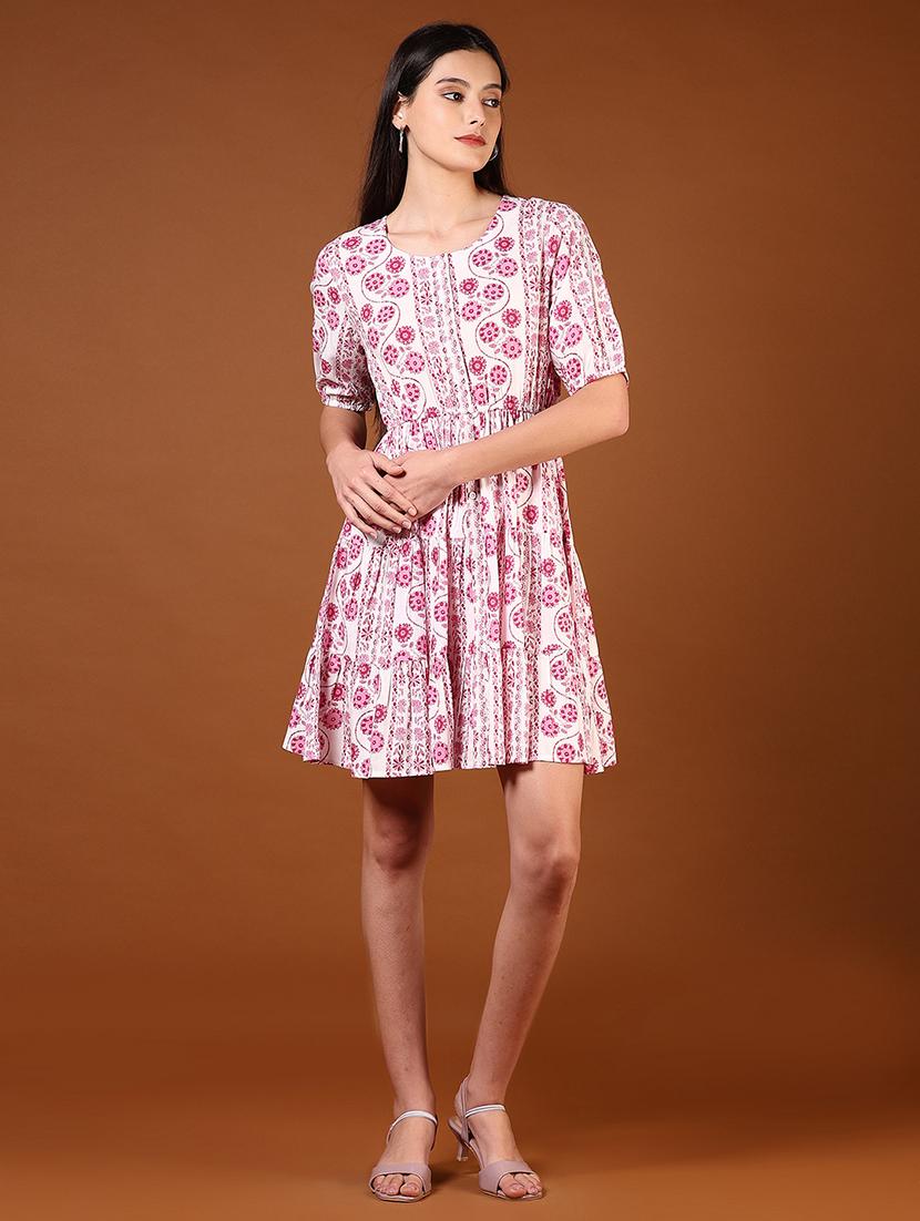 women pink floral printed puff sleeve tiered dress - 21694300 - Standard Image - 1