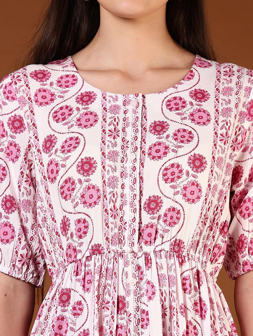 women pink floral printed puff sleeve tiered dress - 21694300 - Standard Image - 4