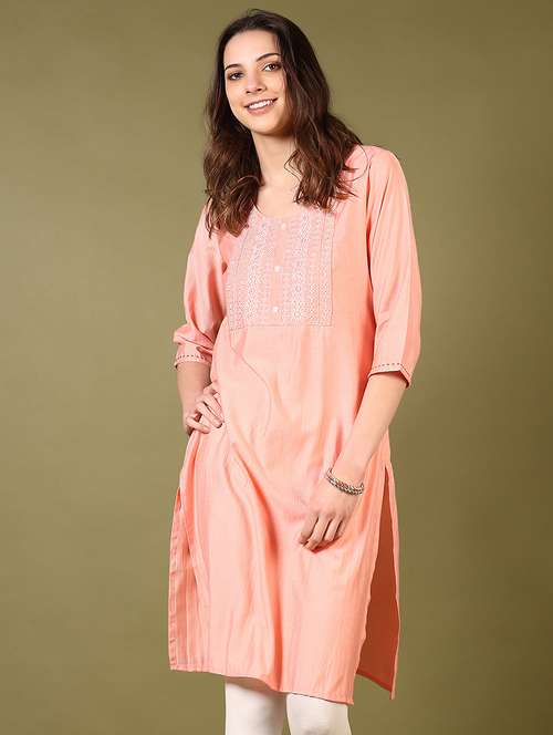 women round neck embroidered straight kurta - 21694651 - Standard Image - 0