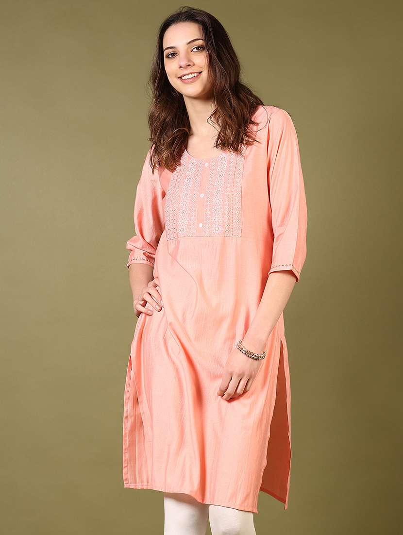 women round neck embroidered straight kurta - 21694651 - Zoom Image - 0