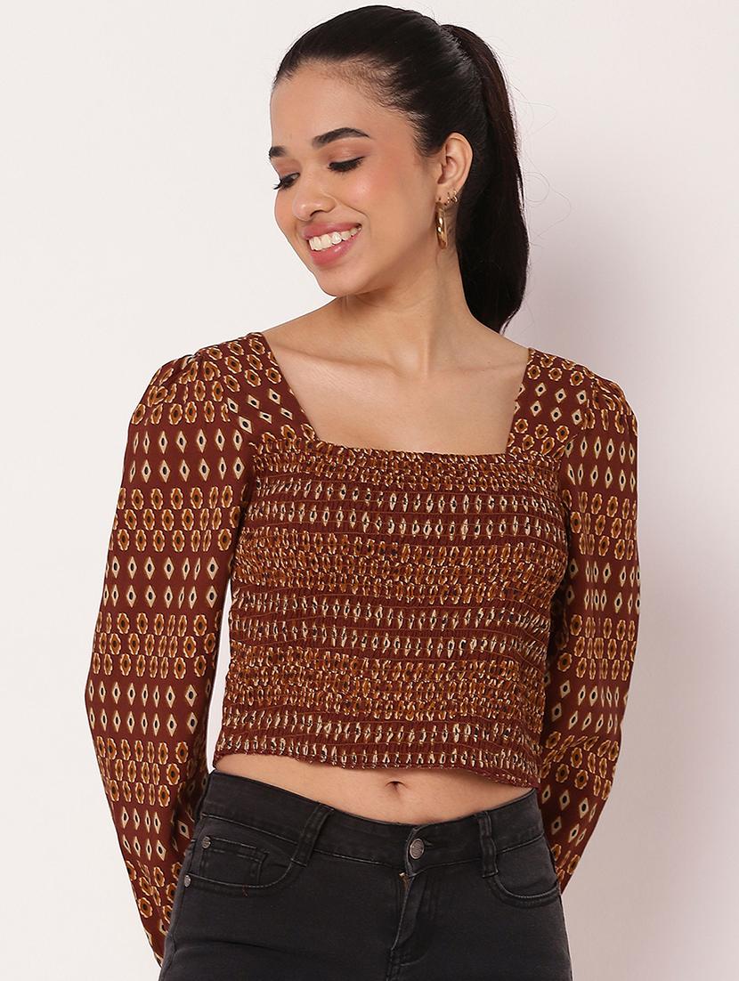 women printed bishop sleeve crop top - 21694657 - Standard Image - 1