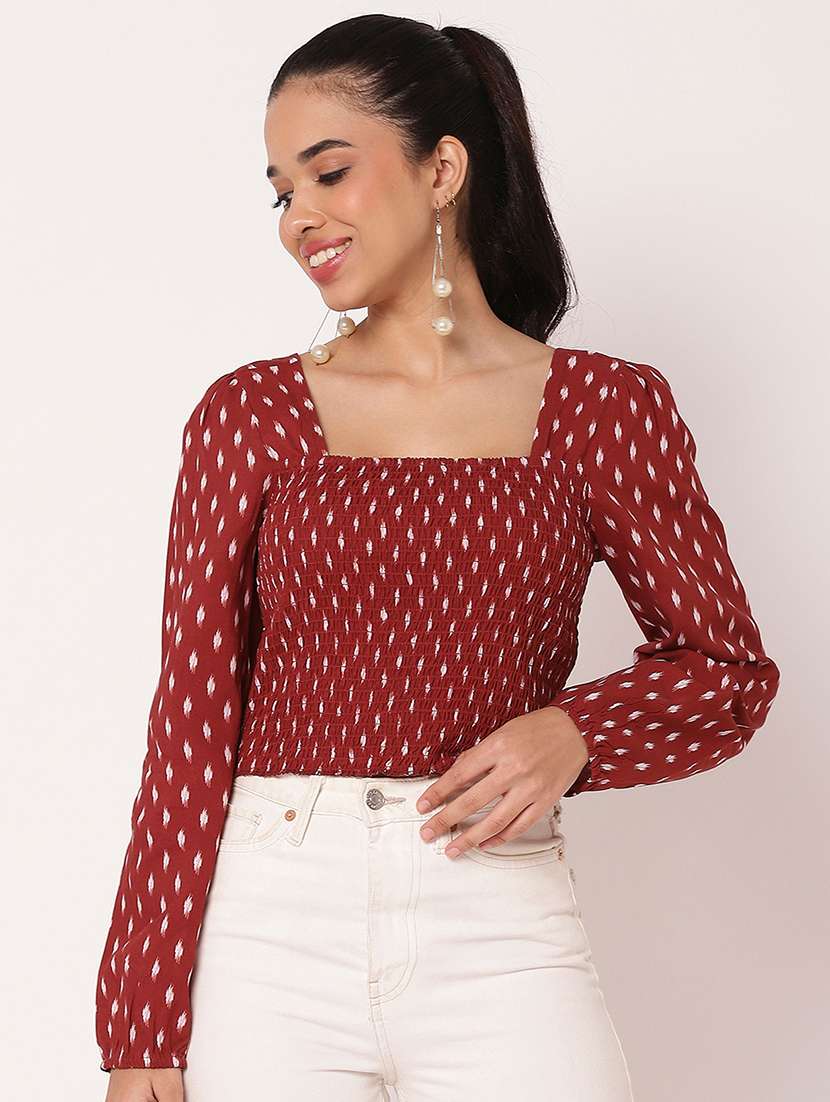 women printed bishop sleeve crop top