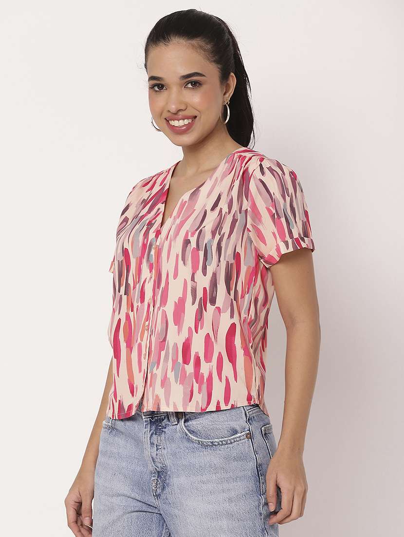 women pink printed v neck shirt top - 21694661 -  Standard Image - 1