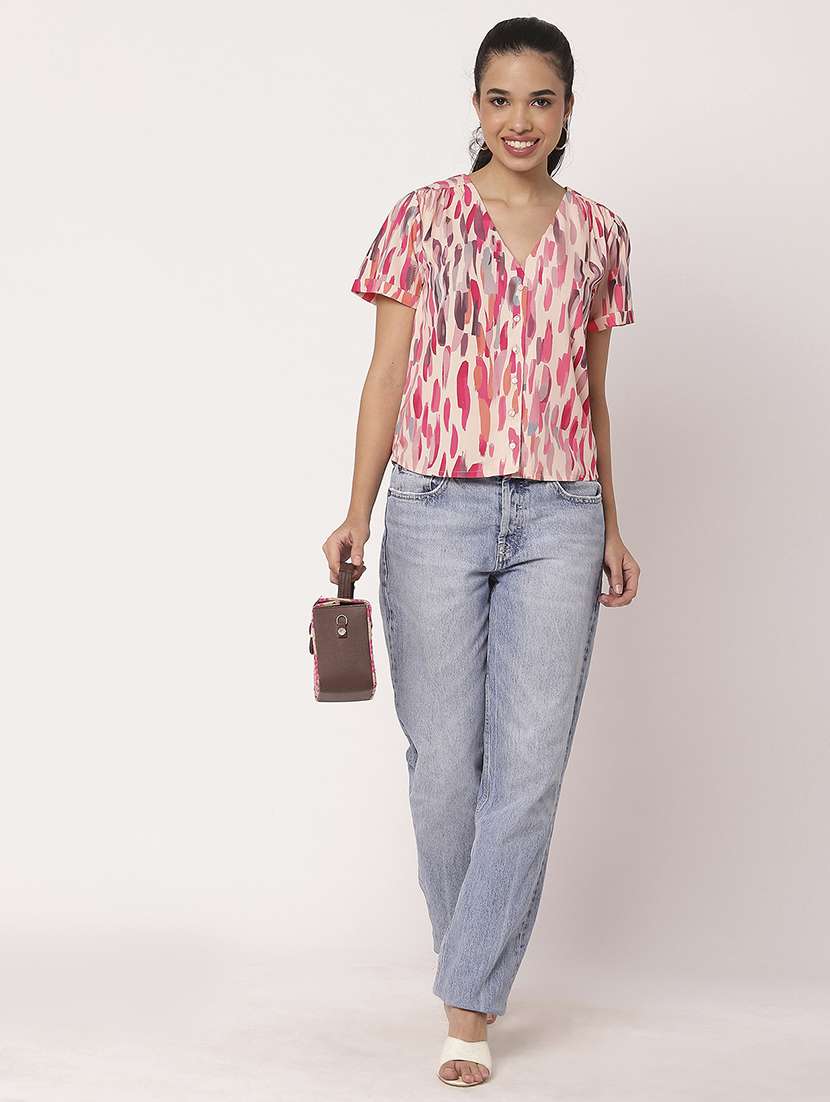 women pink printed v neck shirt top - 21694661 -  Standard Image - 4