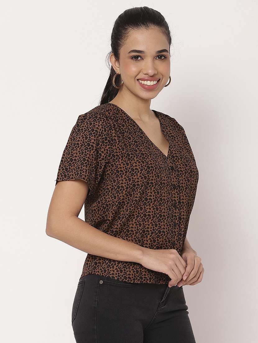 women brown animal print v neck shirt top - 21694662 -  Standard Image - 1