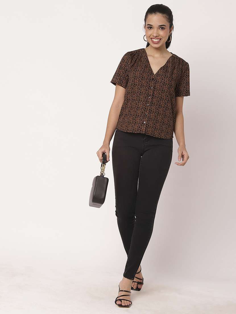 women brown animal print v neck shirt top - 21694662 -  Standard Image - 4