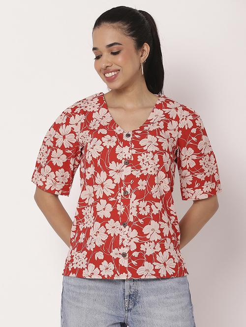 women floral printed v neck shirt top - 21694669 - Standard Image - 0