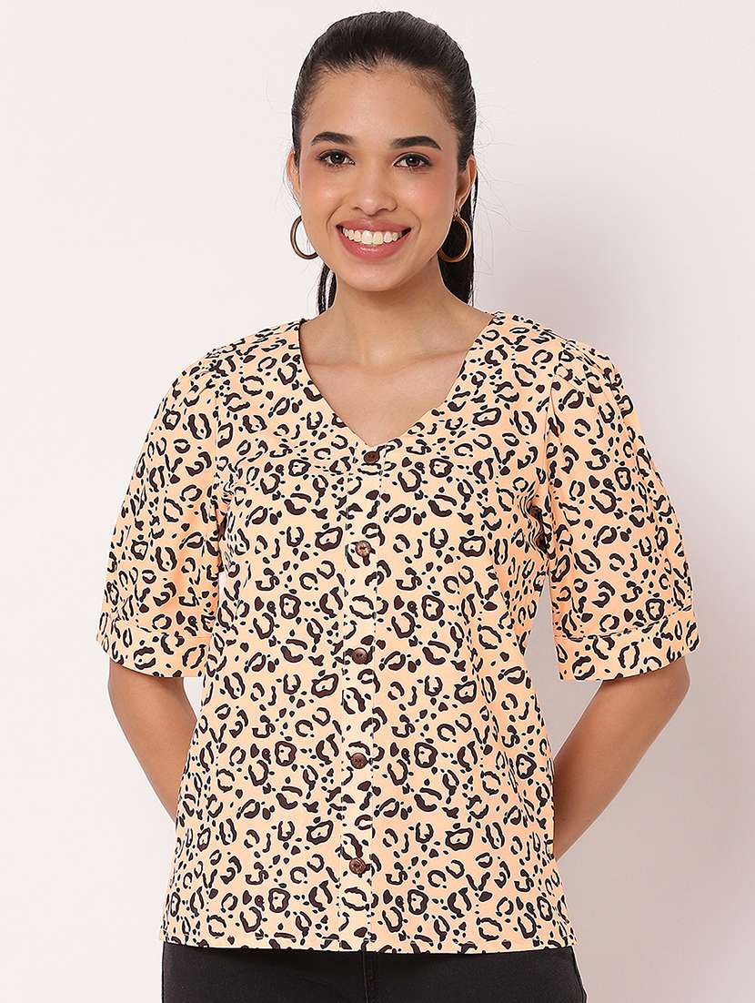 women animal printed v neck shirt top