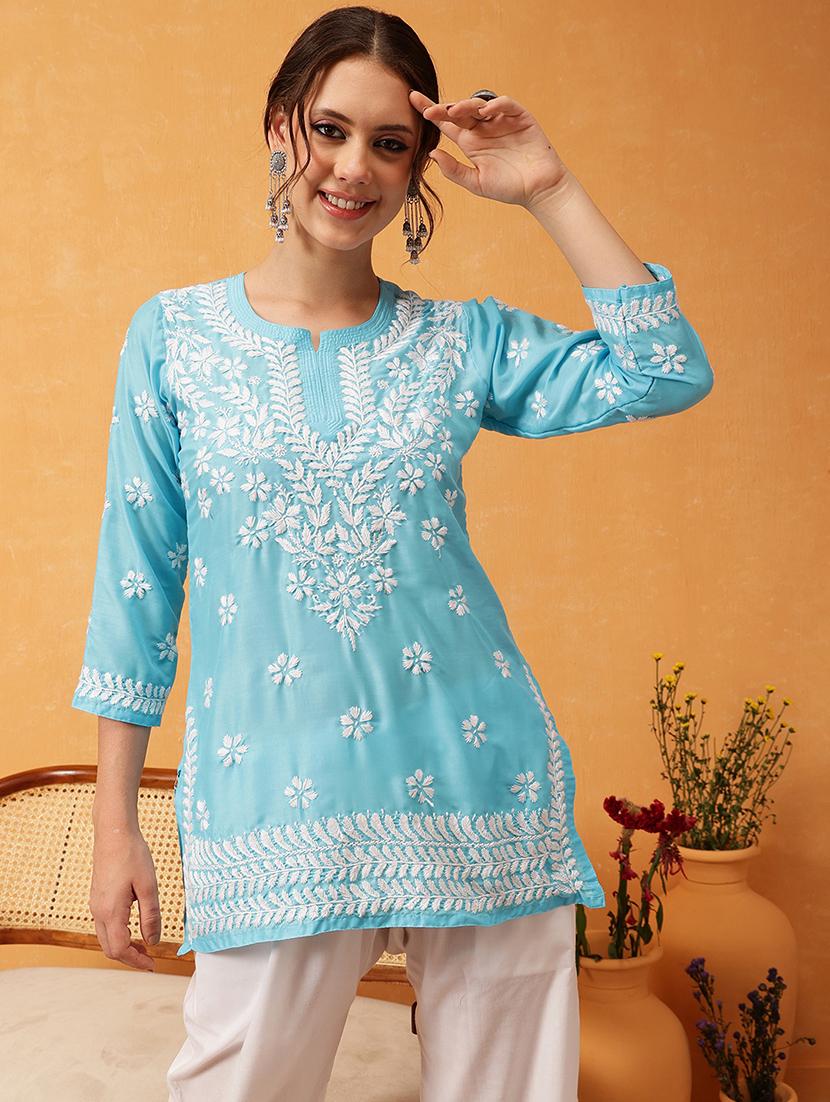 women three quarter sleeve chikankari kurti - 21694704 - Zoom Image - 0