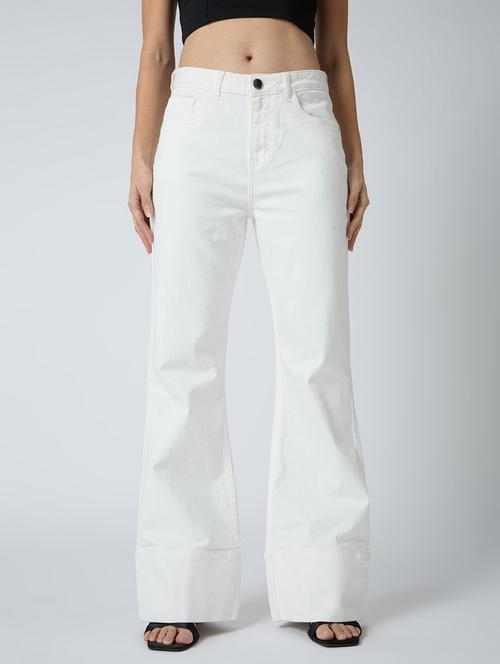globus women white cotton stretch solid mid-rise wide bottom hem bootcut jeans - 21694757 -  Standard Image - 0