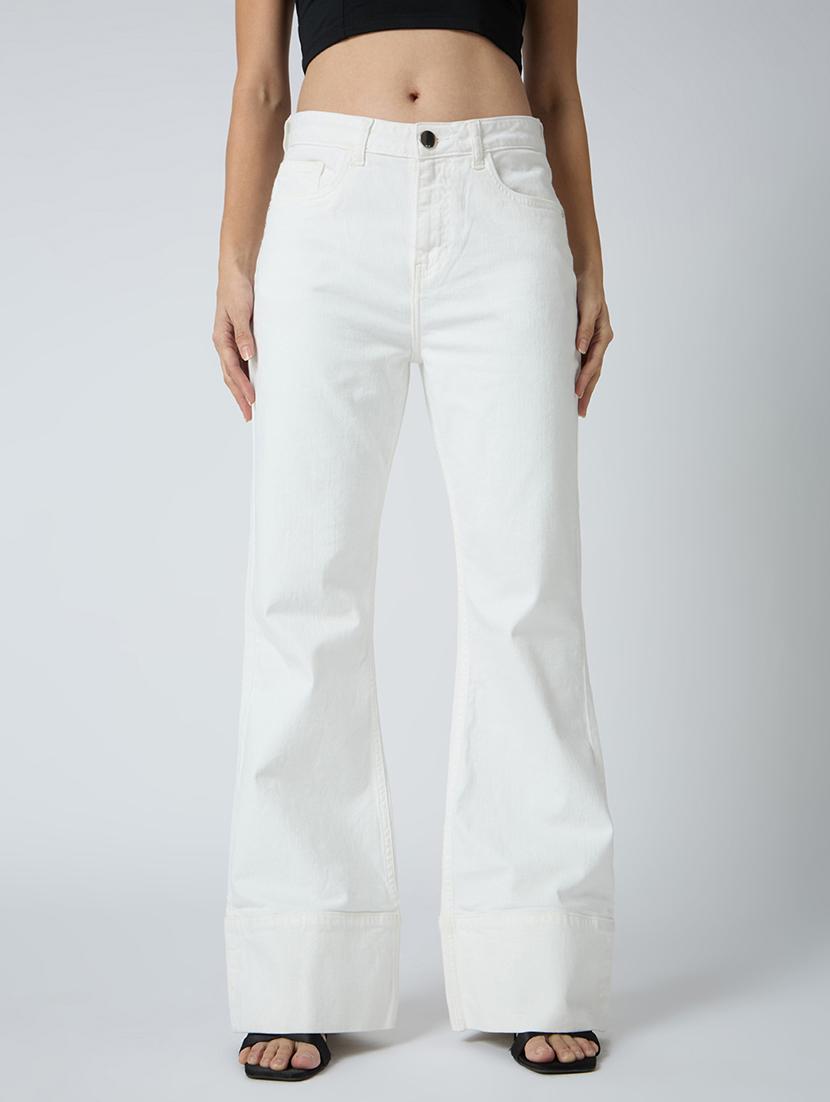 globus women white cotton stretch solid mid-rise wide bottom hem bootcut jeans - 21694757 -  Zoom Image - 0