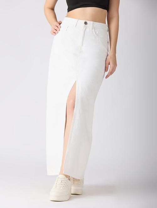 globus women white solid mid-rise front slit straight maxi denim skirt - 21694765 - Standard Image - 0