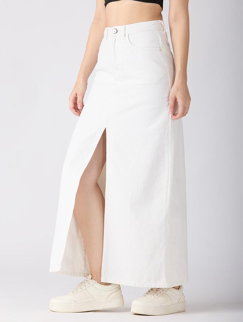 globus women white solid mid-rise front slit straight maxi denim skirt - 21694765 -  Standard Image - 1