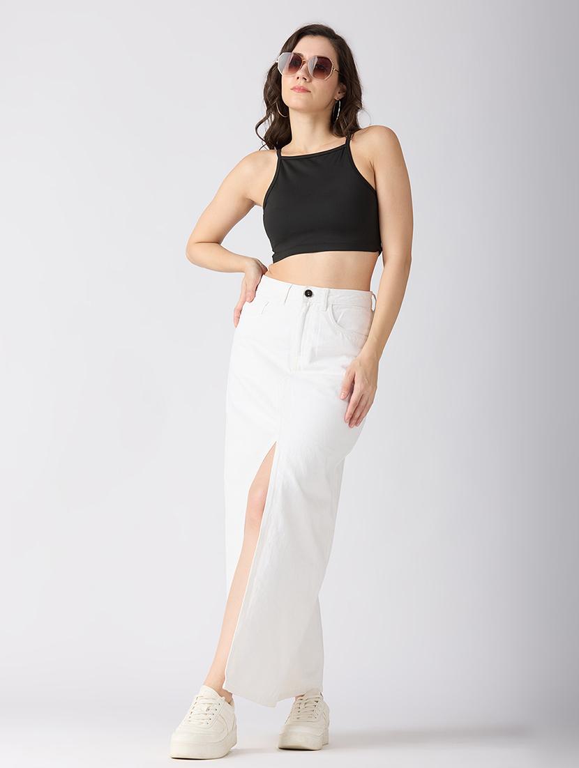 globus women white solid mid-rise front slit straight maxi denim skirt - 21694765 - Standard Image - 4