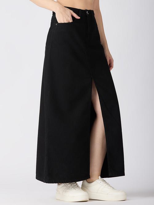 globus women black solid mid-rise front slit straight maxi denim skirt - 21694766 - Standard Image - 0