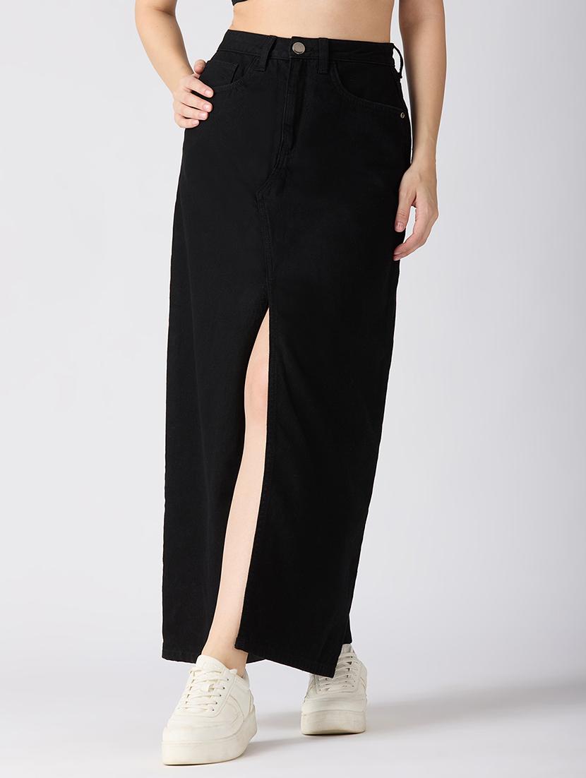 globus women black solid mid-rise front slit straight maxi denim skirt - 21694766 -  Standard Image - 1