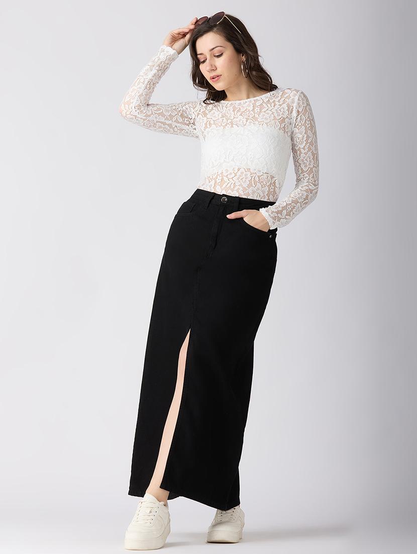 globus women black solid mid-rise front slit straight maxi denim skirt - 21694766 - Standard Image - 4