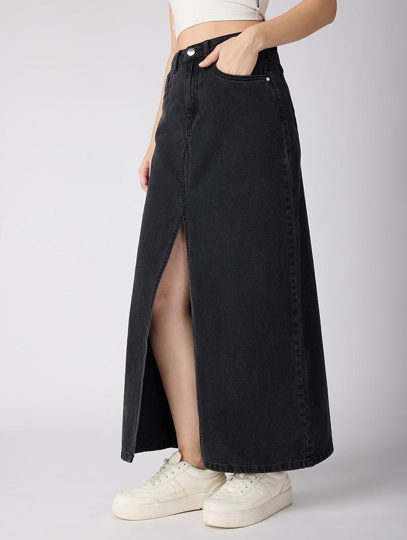globus women grey solid mid-rise front slit straight maxi denim skirt - 21694767 -  Standard Image - 1