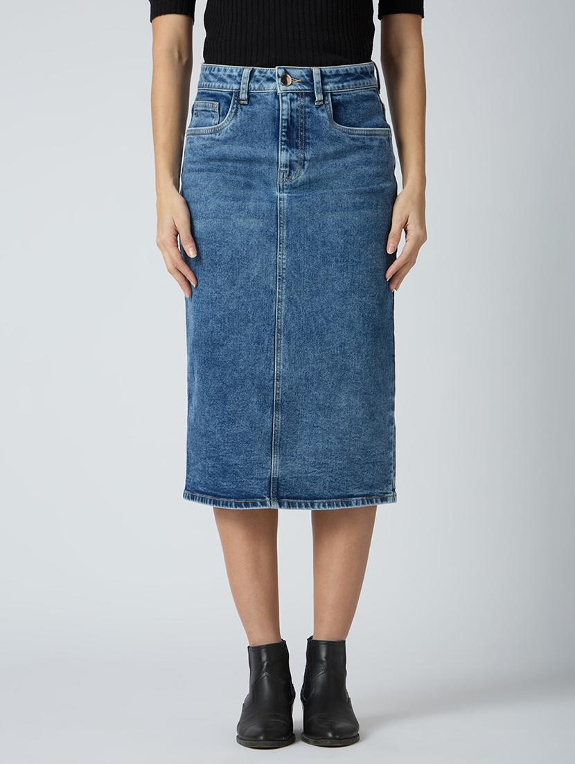 globus women med blue stretchable solid mid-rise back slit midi denim pencil skirt - 21694768 - Zoom Image - 0
