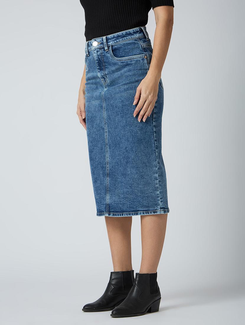 globus women med blue stretchable solid mid-rise back slit midi denim pencil skirt - 21694768 - Standard Image - 1