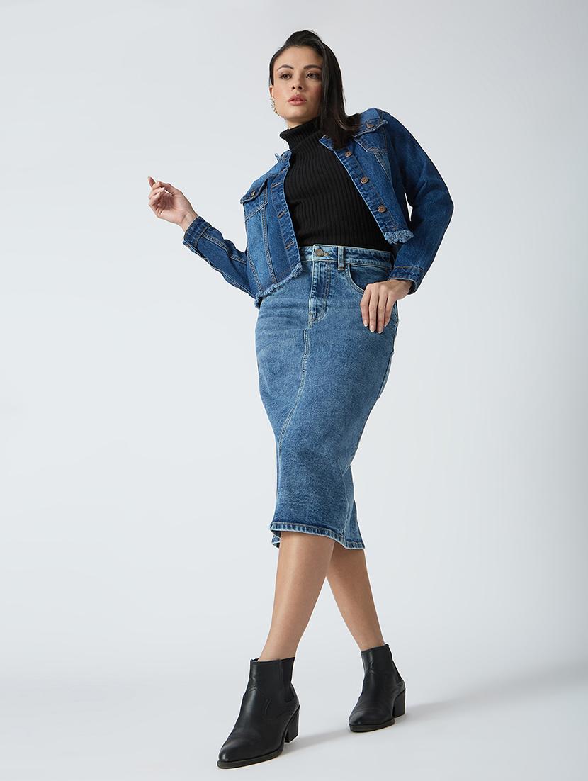 globus women med blue stretchable solid mid-rise back slit midi denim pencil skirt - 21694768 - Standard Image - 4
