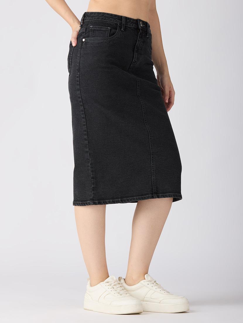 globus women charcoal stretchable solid mid-rise back slit midi denim pencil skirt - 21694769 - Standard Image - 1