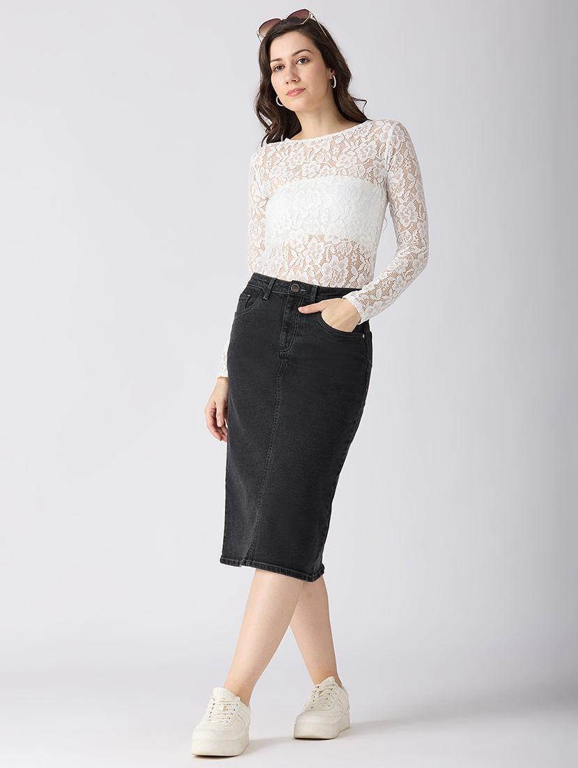 globus women charcoal stretchable solid mid-rise back slit midi denim pencil skirt - 21694769 - Standard Image - 4