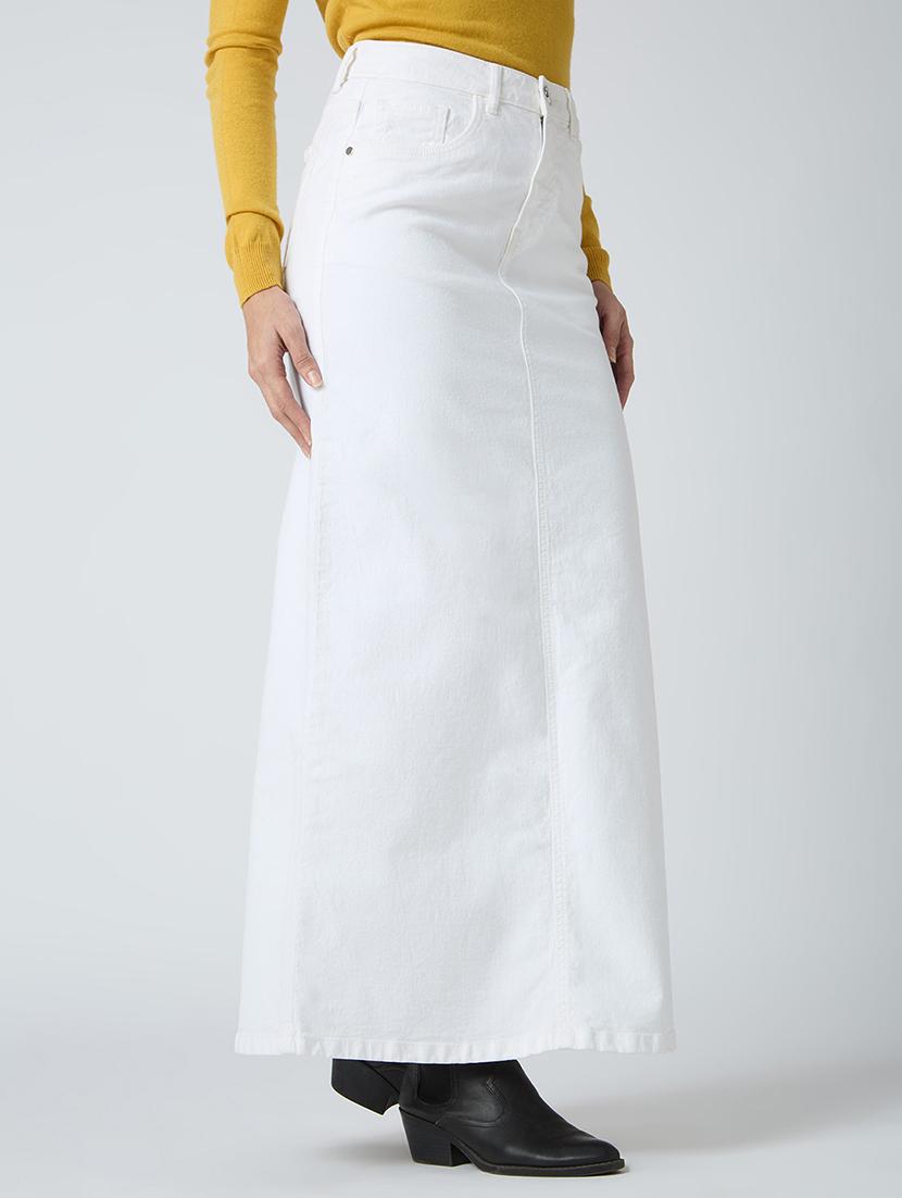 globus women white stretchable solid mid-rise back slit straight maxi denim skirt - 21694770 - Standard Image - 1