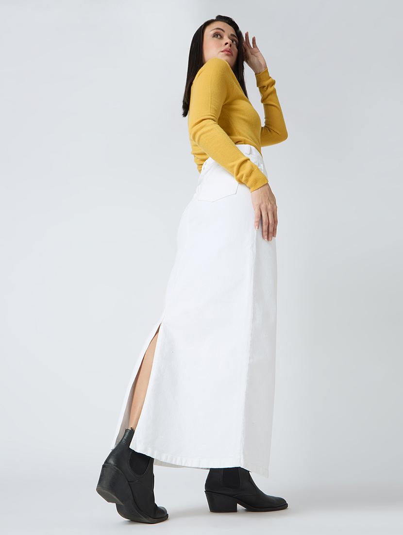 globus women white stretchable solid mid-rise back slit straight maxi denim skirt - 21694770 - Standard Image - 4