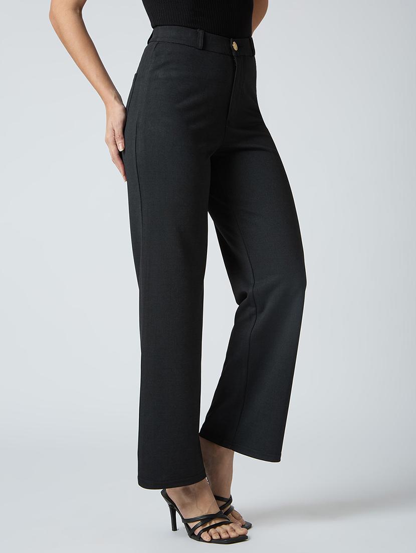 globus women black self checked design stretchable mid-rise straight fit workwear trousers - 21694771 - Standard Image - 1
