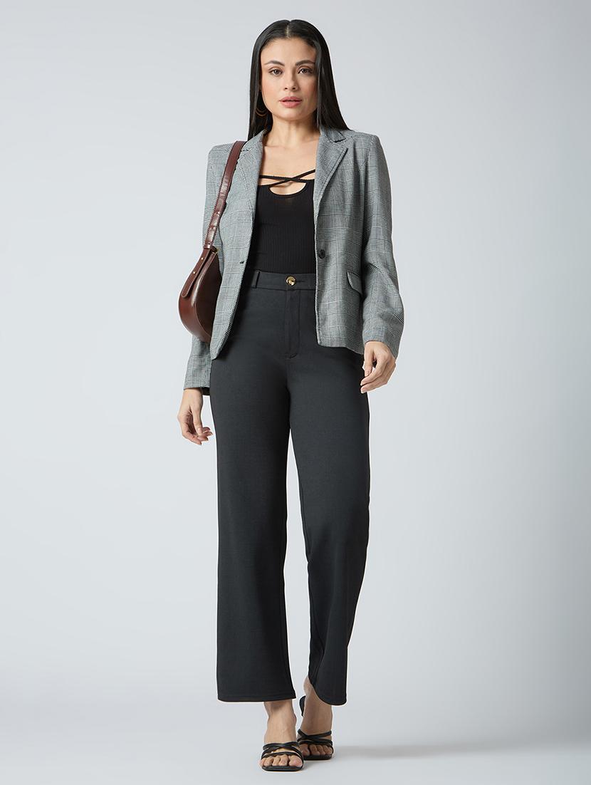 globus women black self checked design stretchable mid-rise straight fit workwear trousers - 21694771 - Standard Image - 4