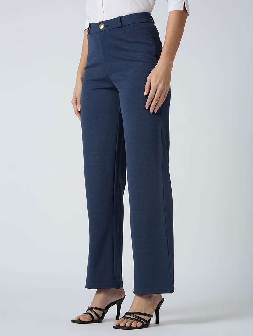 globus women navy self checked design stretchable mid-rise straight fit workwear trousers - 21694772 -  Standard Image - 1