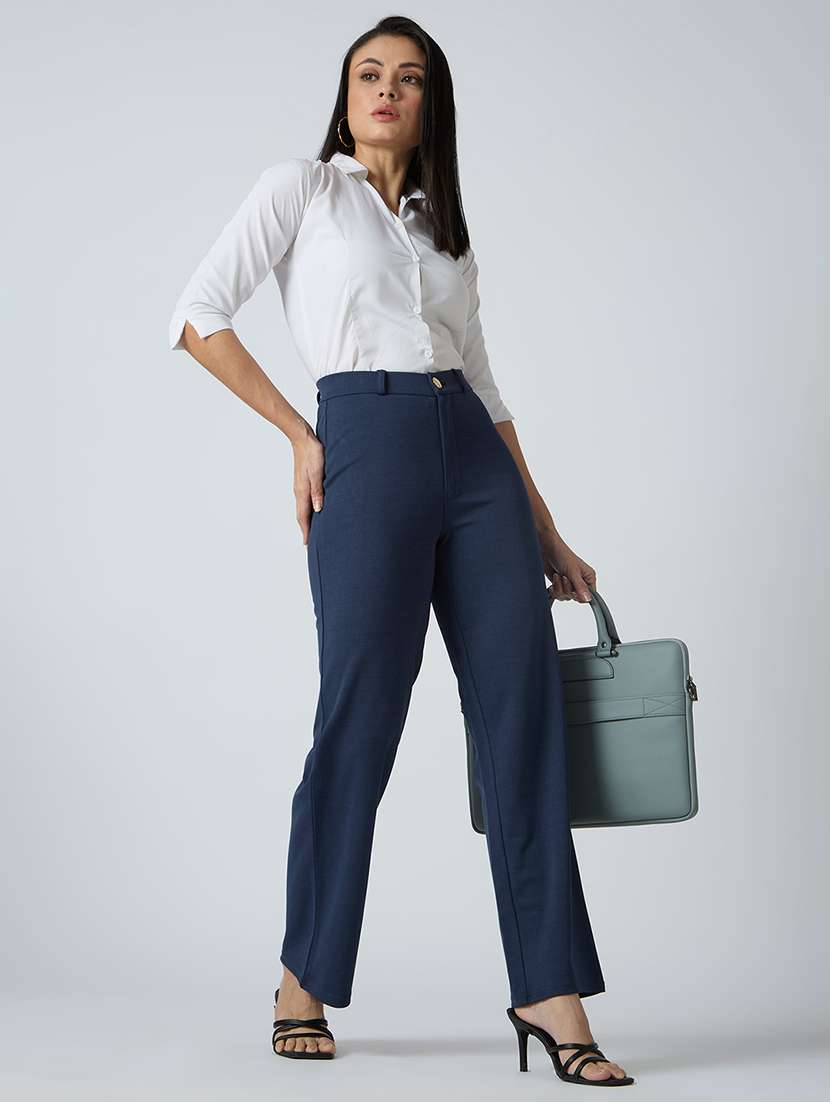 globus women navy self checked design stretchable mid-rise straight fit workwear trousers - 21694772 -  Standard Image - 4