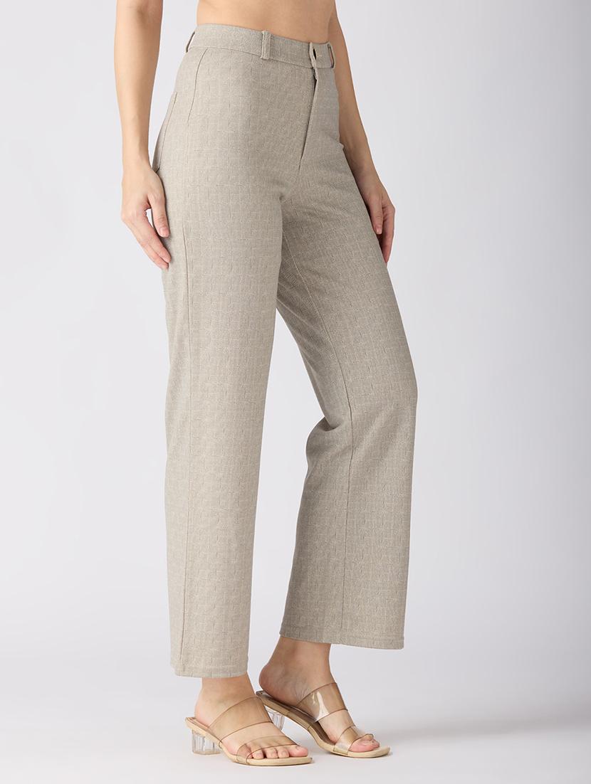 globus women beige self checked design stretchable mid-rise straight fit workwear trousers - 21694773 - Standard Image - 1