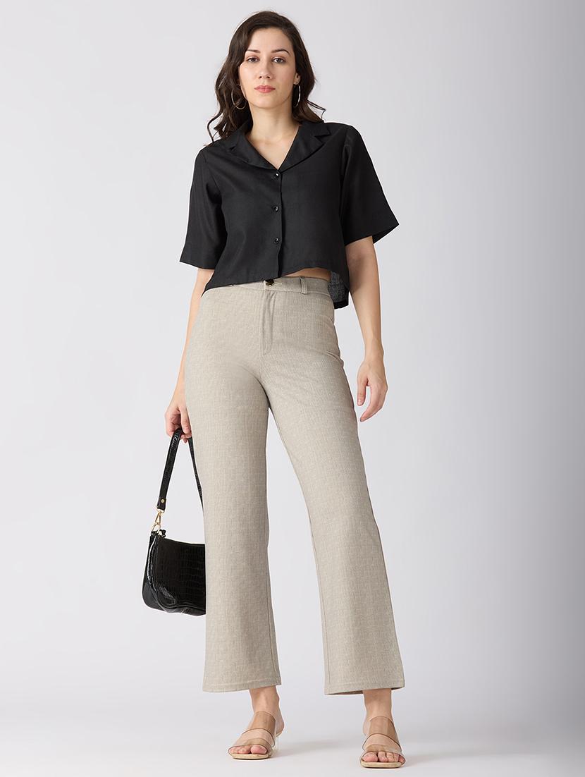 globus women beige self checked design stretchable mid-rise straight fit workwear trousers - 21694773 - Standard Image - 4