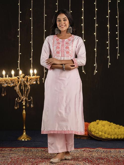 women embroidered three quarter sleeve straight kurta - 21694775 -  Standard Image - 0
